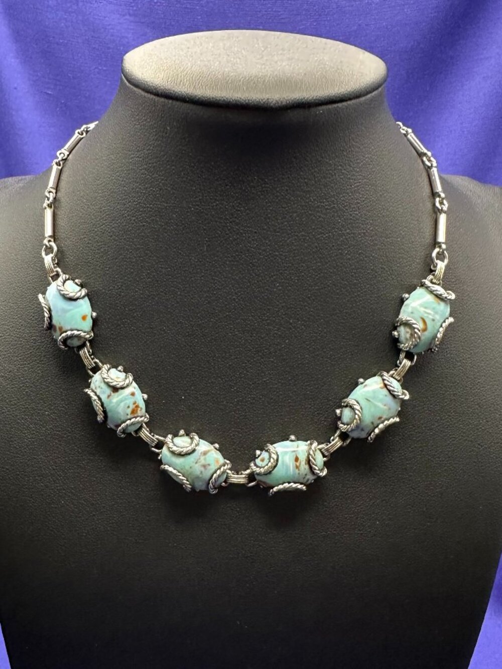 VTG Mid-Century Silver-Tone Choker Necklace Blue Cabochons